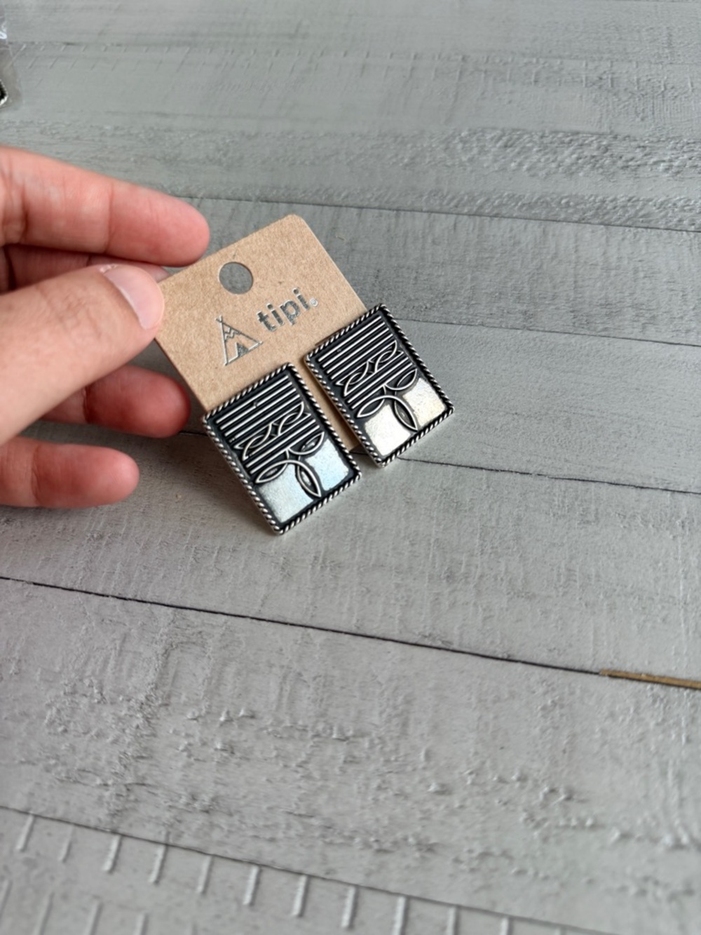 Tipi Silver-Tone Rectangular Tribal Stud Earrings